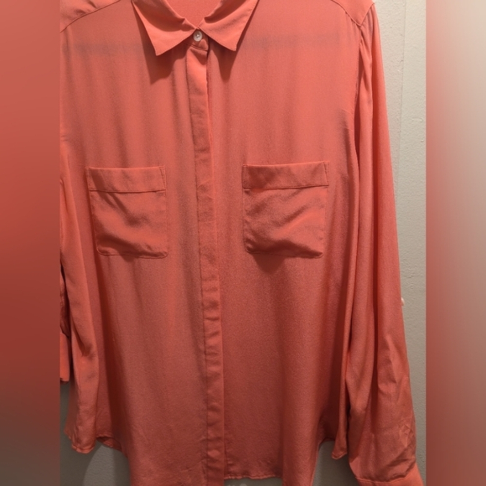 Anne Klein Peach Long Sleeve Roll Tab Pockets Button-Down Silk Collar Shirt- L - Picture 6 of 12